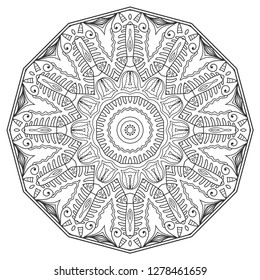 Mandala isolated design element, geometric line pattern. Stylized floral round ornament. Zen doodle art, monochrome sketch for coloring book page, textile fabric print. Black and white illustration