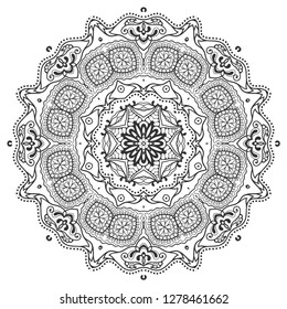 Mandala isolated design element, geometric line pattern. Stylized floral round ornament. Zen doodle art, monochrome sketch for coloring book page, textile fabric print. Black and white illustration