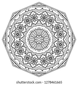 Mandala isolated design element, geometric line pattern. Stylized floral round ornament. Zen doodle art, monochrome sketch for coloring book page, textile fabric print. Black and white illustration