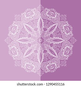 Mandala isolated design element, geometric line pattern. Stylized floral round ornament. Doodle art for textile fabric or paper print. Hand drawn vector illustration, white and purple