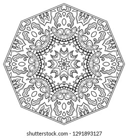 Mandala isolated design element, geometric line pattern. Stylized floral round ornament. Zen doodle art, monochrome sketch for coloring book page, textile fabric print. Black and white illustration
