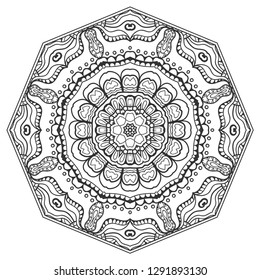 Mandala isolated design element, geometric line pattern. Stylized floral round ornament. Zen doodle art, monochrome sketch for coloring book page, textile fabric print. Black and white illustration