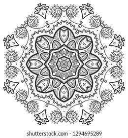 Mandala isolated design element, geometric line pattern. Stylized floral round ornament. Zen doodle art, monochrome sketch for coloring book page, textile fabric print. Black and white illustration