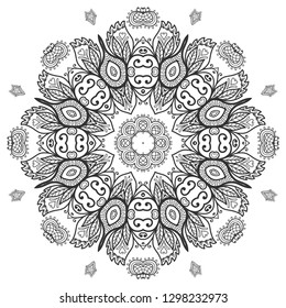 Mandala isolated design element, geometric line pattern. Stylized floral round ornament. Zen doodle art, monochrome sketch for coloring book page, textile fabric print. Black and white illustration