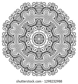 Mandala isolated design element, geometric line pattern. Stylized floral round ornament. Zen doodle art, monochrome sketch for coloring book page, textile fabric print. Black and white illustration