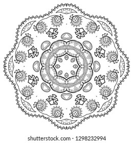 Mandala isolated design element, geometric line pattern. Stylized floral round ornament. Zen doodle art, monochrome sketch for coloring book page, textile fabric print. Black and white illustration