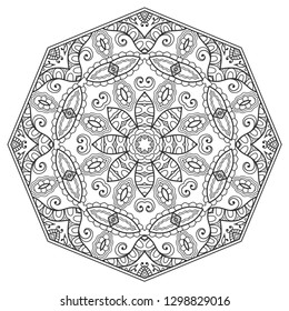 Mandala isolated design element, geometric line pattern. Stylized floral round ornament. Zen doodle art, monochrome sketch for coloring book page, textile fabric print. Black and white illustration
