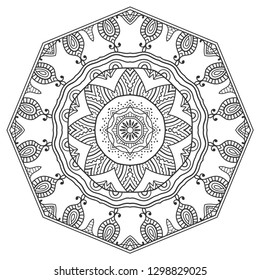 Mandala isolated design element, geometric line pattern. Stylized floral round ornament. Zen doodle art, monochrome sketch for coloring book page, textile fabric print. Black and white illustration
