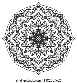 Mandala isolated design element, geometric line pattern. Stylized floral round ornament. Zen doodle art, monochrome sketch for coloring book page, textile fabric print. Black and white illustration