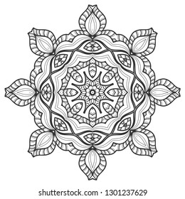 Mandala isolated design element, geometric line pattern. Stylized floral round ornament. Zen doodle art, monochrome sketch for coloring book page, textile fabric print. Black and white illustration