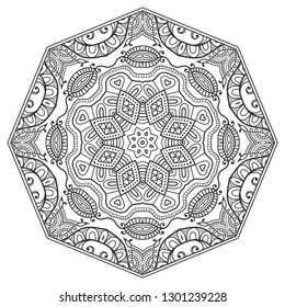 Mandala isolated design element, geometric line pattern. Stylized floral round ornament. Zen doodle art, monochrome sketch for coloring book page, textile fabric print. Black and white illustration
