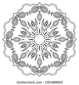 Mandala isolated design element, geometric line pattern. Stylized floral round ornament. Zen doodle art, monochrome sketch for coloring book page, textile fabric print. Black and white illustration