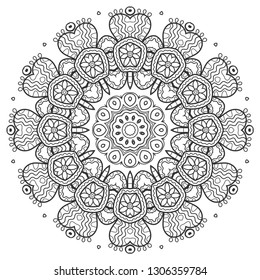 Mandala isolated design element, geometric line pattern. Stylized floral round ornament. Zen doodle art, monochrome sketch for coloring book page, textile fabric print. Black and white illustration