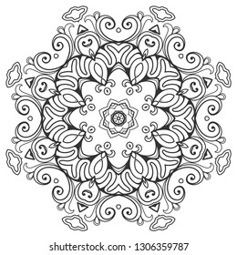 Mandala isolated design element, geometric line pattern. Stylized floral round ornament. Zen doodle art, monochrome sketch for coloring book page, textile fabric print. Black and white illustration