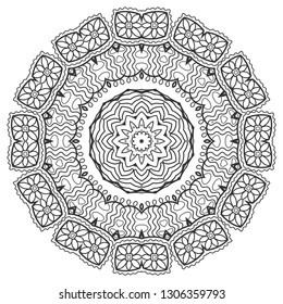 Mandala isolated design element, geometric line pattern. Stylized floral round ornament. Zen doodle art, monochrome sketch for coloring book page, textile fabric print. Black and white illustration