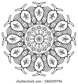 Mandala isolated design element, geometric line pattern. Stylized floral round ornament. Zen doodle art, monochrome sketch for coloring book page, textile fabric print. Black and white illustration