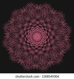 Mandala isolated design element, geometric line pattern. Stylized floral round ornament. Doodle art for textile fabric or paper print. Hand drawn vector illustration, pink and black.
