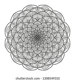 Mandala isolated design element, geometric line pattern. Stylized floral round ornament. Doodle art for textile fabric or paper print. Hand drawn vector illustration, black and white.
