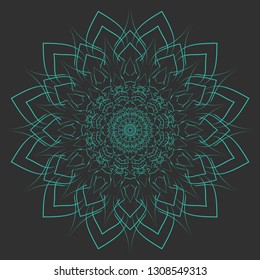 Mandala isolated design element, geometric line pattern. Stylized floral round ornament. Doodle art for textile fabric or paper print. Hand drawn vector illustration, green and black.