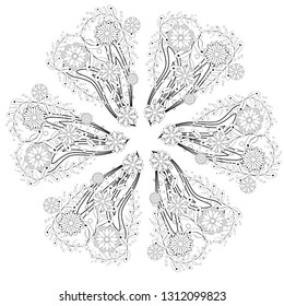 Mandala isolated design element, geometric line pattern. Stylized floral round ornament. Zen doodle art, monochrome sketch, coloring book page, textile fabric print. Black and white illustration