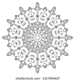 Mandala isolated design element, geometric line pattern. Stylized floral round ornament. Zen doodle art, monochrome sketch for coloring book page, textile fabric print. Black and white illustration