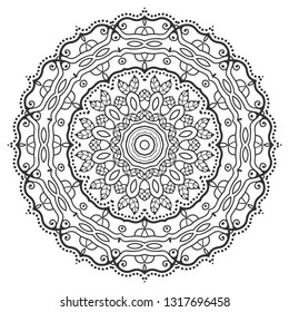 Mandala isolated design element, geometric line pattern. Stylized floral round ornament. Zen doodle art, monochrome sketch for coloring book page, textile fabric print. Black and white illustration