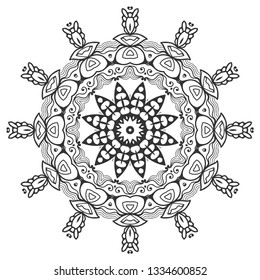 Mandala isolated design element, geometric line pattern. Stylized floral round ornament. Zen doodle art, monochrome sketch for coloring book page, textile fabric print. Black and white illustration