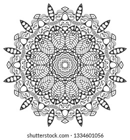 Mandala isolated design element, geometric line pattern. Stylized floral round ornament. Zen doodle art, monochrome sketch for coloring book page, textile fabric print. Black and white illustration