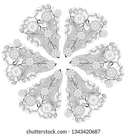 Mandala isolated design element, geometric line pattern. Stylized floral round ornament. Zen doodle art, monochrome sketch, coloring book page, textile fabric print. Black and white illustration.
