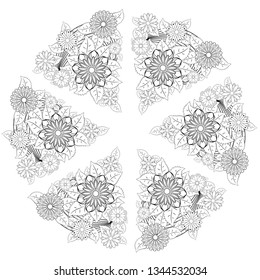 Mandala isolated design element, geometric line pattern. Stylized floral round ornament. Zen doodle art, monochrome sketch, coloring book page, textile fabric print. Black and white illustration.