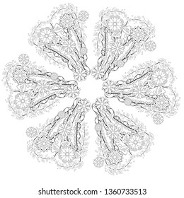 Mandala isolated design element, geometric line pattern. Stylized floral round ornament. Zen doodle art, monochrome sketch, coloring book page, textile fabric print. Black and white illustration.