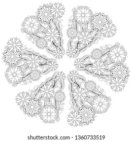Mandala isolated design element, geometric line pattern. Stylized floral round ornament. Zen doodle art, monochrome sketch, coloring book page, textile fabric print. Black and white illustration.