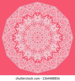 Mandala isolated design element, geometric line pattern. Stylized floral round ornament. Doodle art for textile fabric or paper print. Hand drawn vector illustration