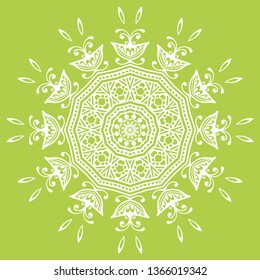 Mandala isolated design element, geometric line pattern. Stylized floral round ornament. Doodle art for textile fabric or paper print. Hand drawn vector illustration. Lace background