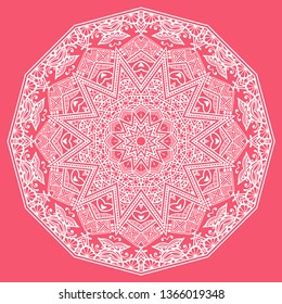 Mandala isolated design element, geometric line pattern. Stylized floral round ornament. Doodle art for textile fabric or paper print. Hand drawn vector illustration. Lace background