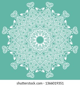 Mandala isolated design element, geometric line pattern. Stylized floral round ornament. Doodle art for textile fabric or paper print. Hand drawn vector illustration. Lace background