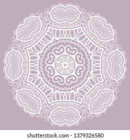 Mandala isolated design element, geometric line pattern. Stylized floral round ornament. Doodle art for textile fabric or paper print. Hand drawn vector illustration