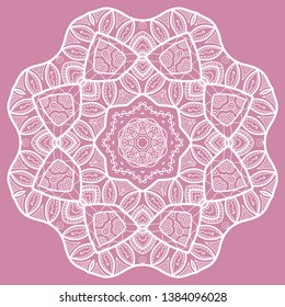 Mandala isolated design element, geometric line pattern. Stylized floral round ornament. Doodle art for textile fabric or paper print. Hand drawn vector illustration. Lace background