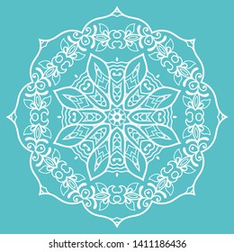 Mandala isolated design element, geometric line pattern. Stylized floral round ornament. Doodle art for textile fabric or paper print. Hand drawn vector illustration