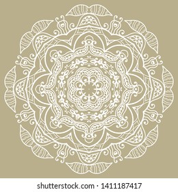 Mandala isolated design element, geometric line pattern. Stylized floral round ornament. Doodle art for textile fabric or paper print. Hand drawn vector illustration