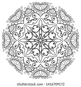 Mandala isolated design element, geometric line pattern. Stylized floral round ornament. Zen doodle art, monochrome sketch for coloring book page, textile fabric print. Black and white illustration