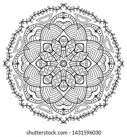 Mandala isolated design element, geometric line pattern. Stylized floral round ornament. Zen doodle art, monochrome sketch for coloring book page, textile fabric print. Black and white illustration
