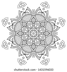 Mandala isolated design element, geometric line pattern. Stylized floral round ornament. Zen doodle art, monochrome sketch for coloring book page, textile fabric print. Black and white illustration