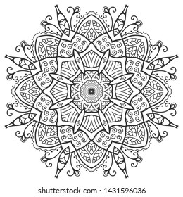 Mandala isolated design element, geometric line pattern. Stylized floral round ornament. Zen doodle art, monochrome sketch for coloring book page, textile fabric print. Black and white illustration