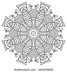 Mandala isolated design element, geometric line pattern. Stylized floral round ornament. Zen doodle art, monochrome sketch for coloring book page, textile fabric print. Black and white illustration
