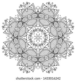 Mandala isolated design element, geometric line pattern. Stylized floral round ornament. Zen doodle art, monochrome sketch for coloring book page, textile fabric print. Black and white illustration