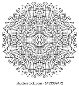 Mandala isolated design element, geometric line pattern. Stylized floral round ornament. Zen doodle art, monochrome sketch for coloring book page, textile fabric print. Black and white illustration