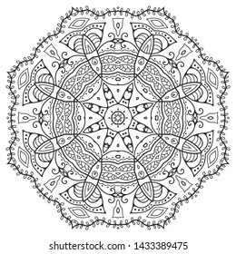 Mandala isolated design element, geometric line pattern. Stylized floral round ornament. Zen doodle art, monochrome sketch for coloring book page, textile fabric print. Black and white illustration