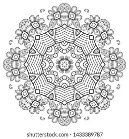 Mandala isolated design element, geometric line pattern. Stylized floral round ornament. Zen doodle art, monochrome sketch for coloring book page, textile fabric print. Black and white illustration