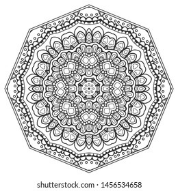 Mandala isolated design element, geometric line pattern. Stylized floral round ornament. Zen doodle art, monochrome sketch for coloring book page, textile fabric print. Black and white illustration